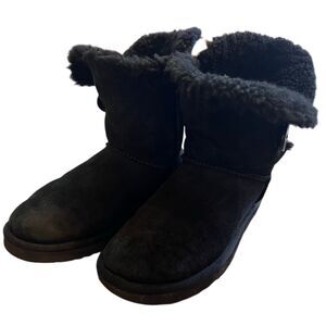 UGG WOMENS Bailey Button Short Boots Size 7 Black Sheepskin Suede Winter Warm
